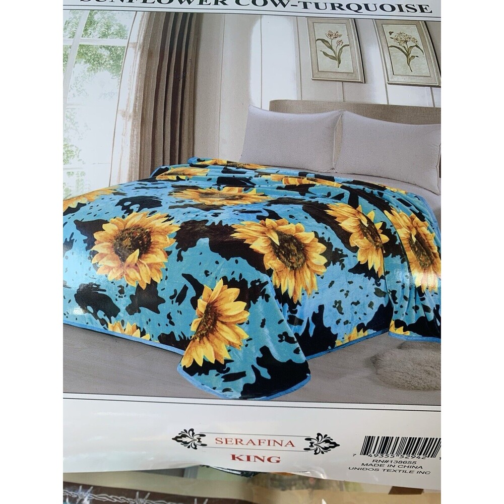 Brand New King Size Blue And Black Cow Print Comforter With Sunflowers Super Sof
